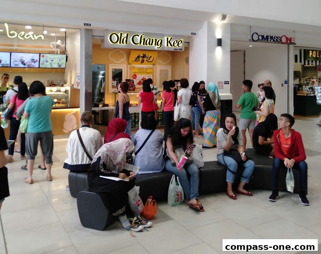 People waiting in line at Old Chang Kee and other shops in a mall.