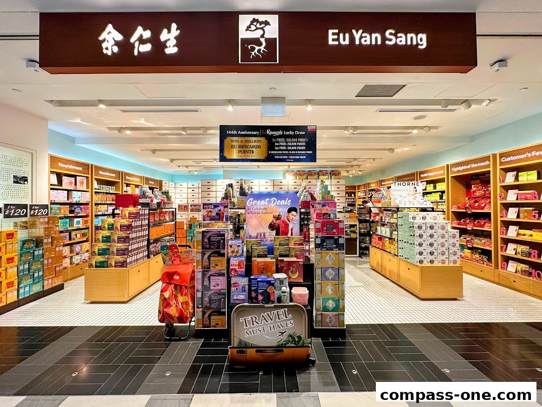 Interior view of a Eu Yan Sang shop with shelves stocked with health products and promotions.