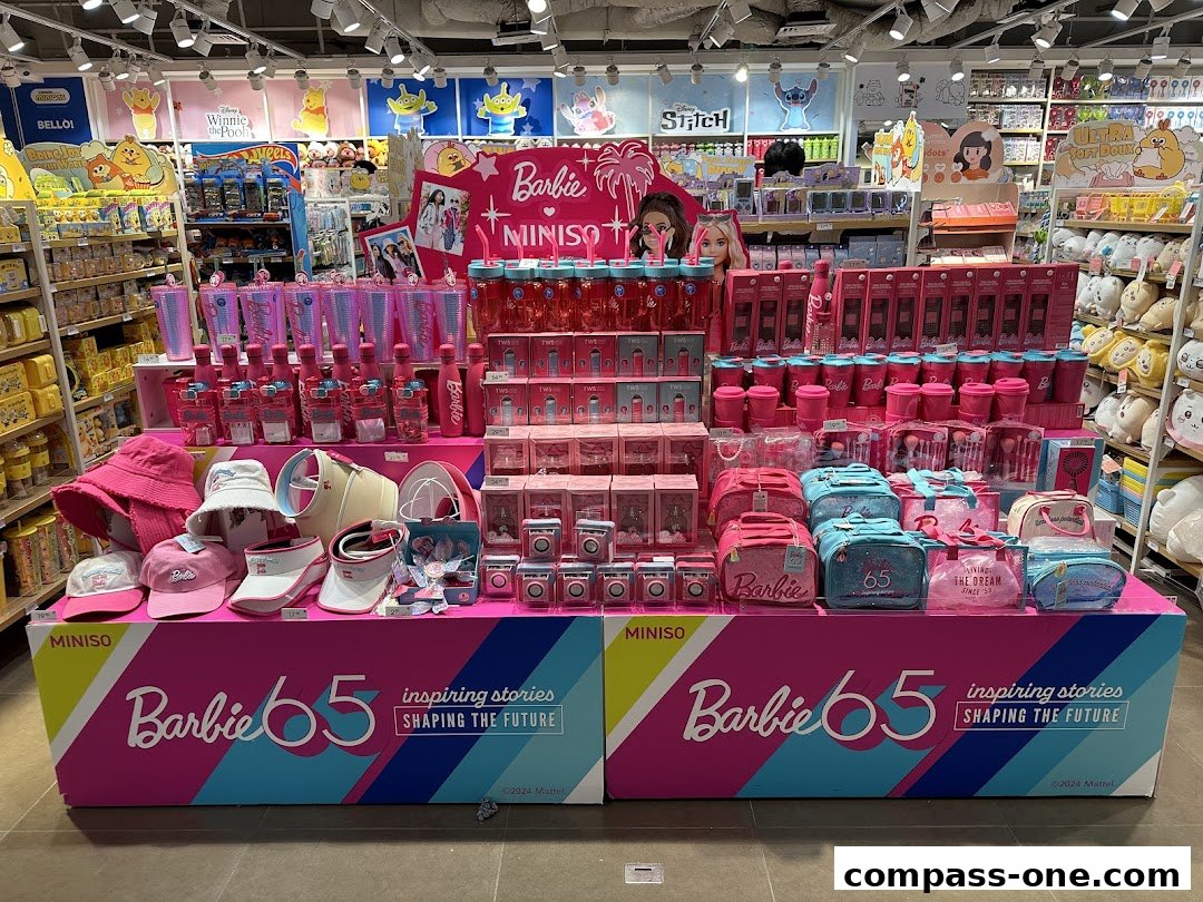 A vibrant display of Barbie-themed merchandise, including bags, hats, cups, and cosmetics, at MINISO.