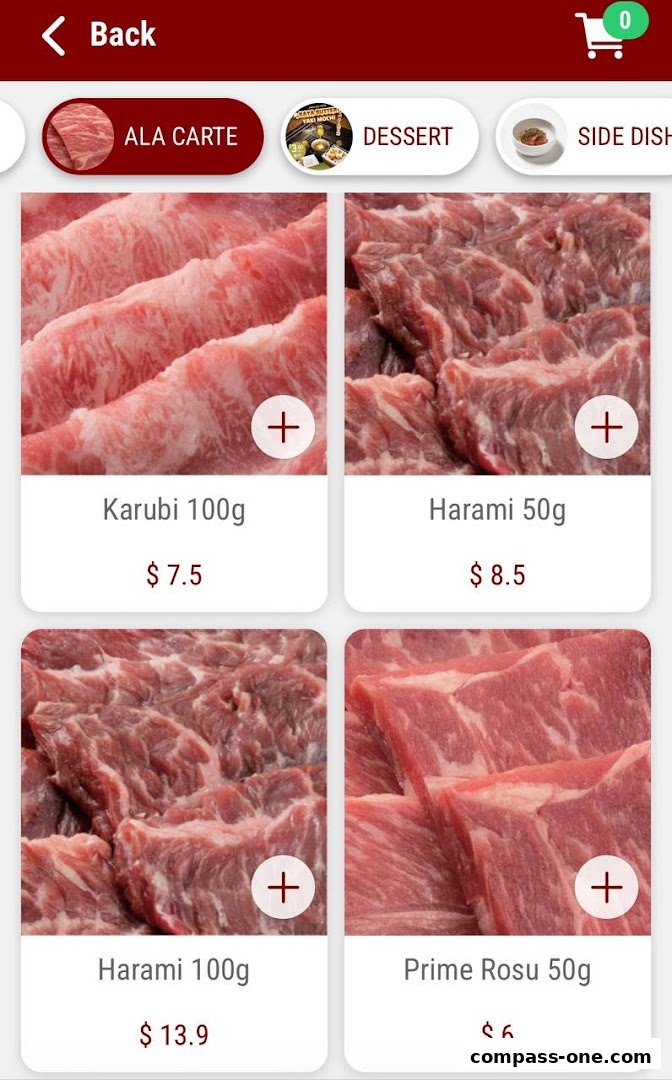 A digital menu showcasing various cuts of raw beef for yakiniku.