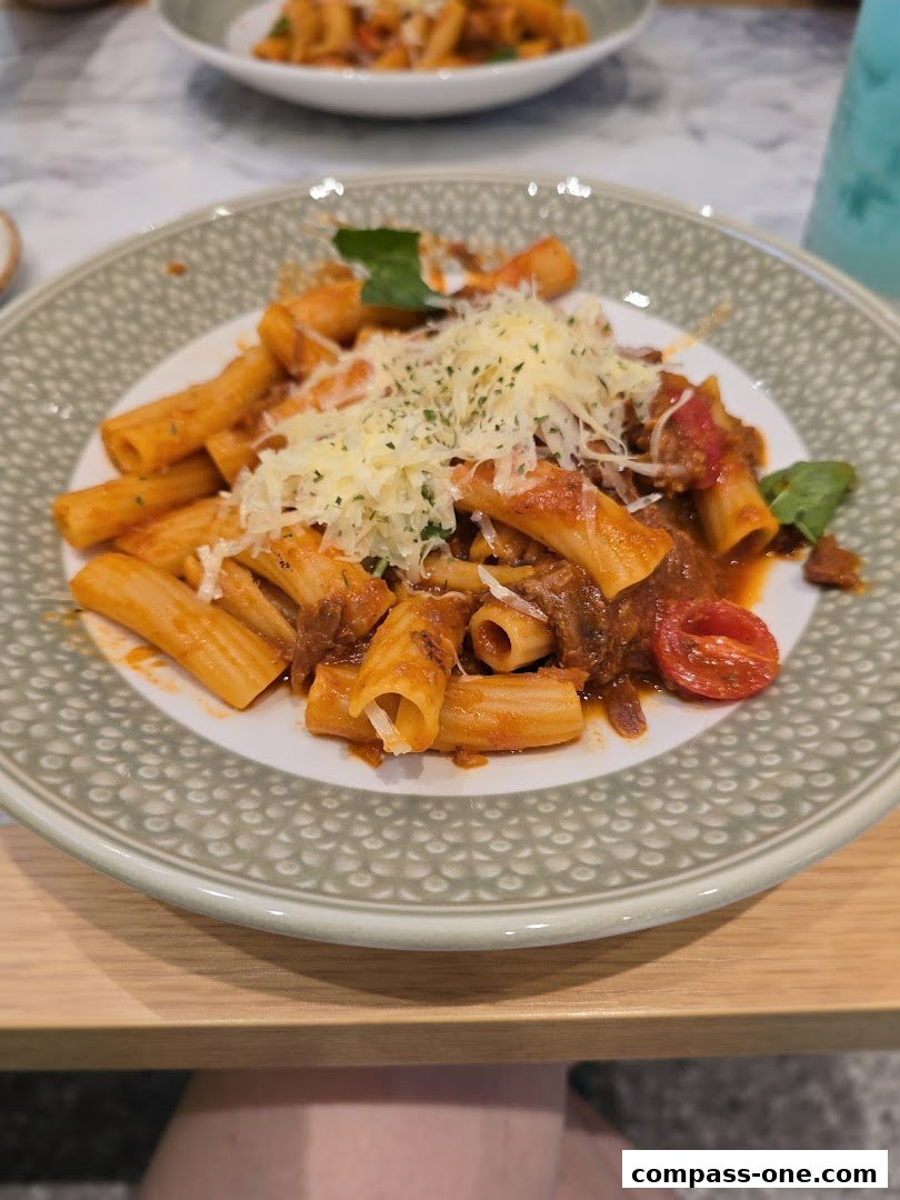 A close-up of a plate of rigatoni pasta with meat sauce and grated cheese.