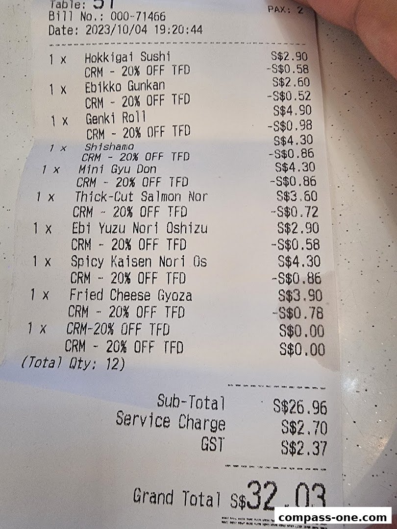 A receipt from Genki Sushi Compass One detailing various sushi and side orders with prices and discounts.