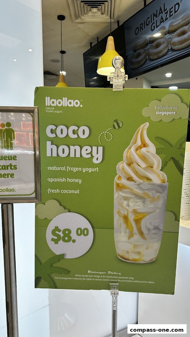 A promotional sign for llaollao's Coco Honey frozen yogurt, featuring ingredients and price.