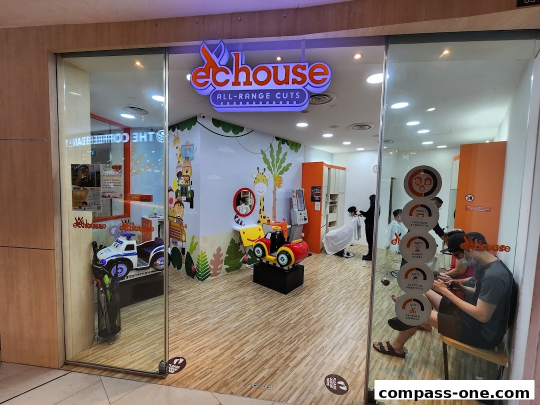 The entrance to EC House All Range Cuts, a brightly decorated hair salon with playful decor.