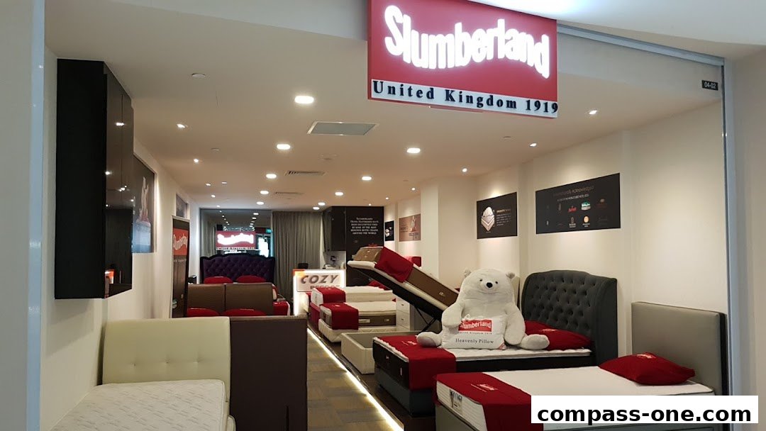 Interior view of a Slumberland COZY BEDDING CO shop showcasing various beds and mattresses.