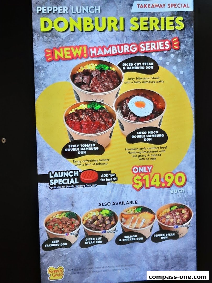 A menu display for Pepper Lunch's Donburi Series, featuring Hamburg and other Donburi options.