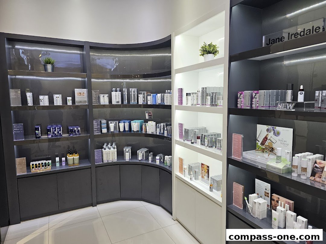 A well-lit retail shop interior showcasing shelves stocked with various skincare and beauty products.