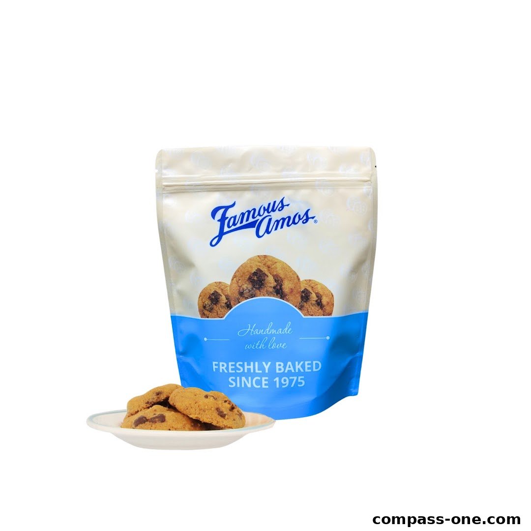 A bag of Famous Amos chocolate chip cookies with a small plate of cookies.
