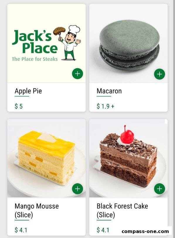 A display of desserts including apple pie, macaron, mango mousse, and black forest cake.