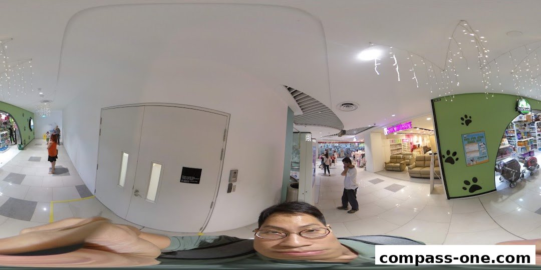 A wide-angle view of a shopping mall corridor with a pet store entrance and other shops.