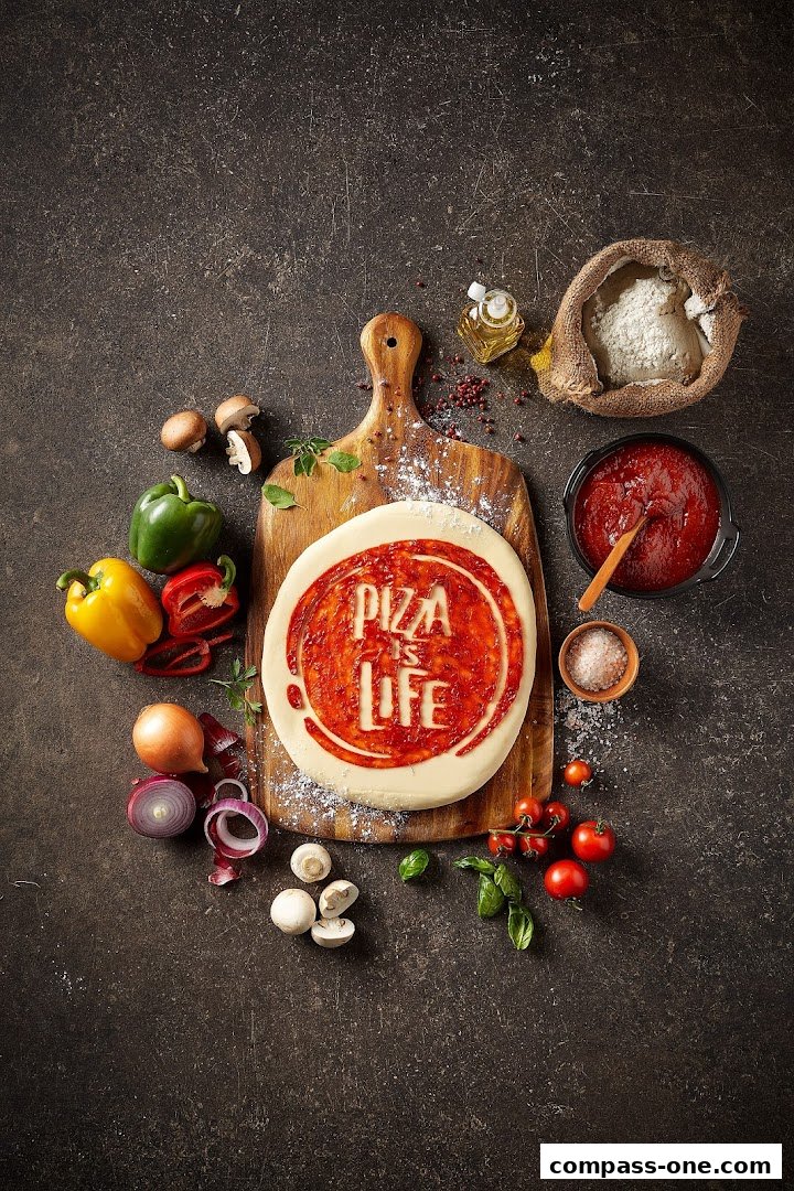 A pizza base with 'Pizza is Life' written in sauce, surrounded by fresh ingredients.