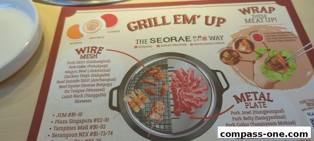 A menu from SEORAE JIB Compass One showcasing Korean BBQ items and dining instructions.