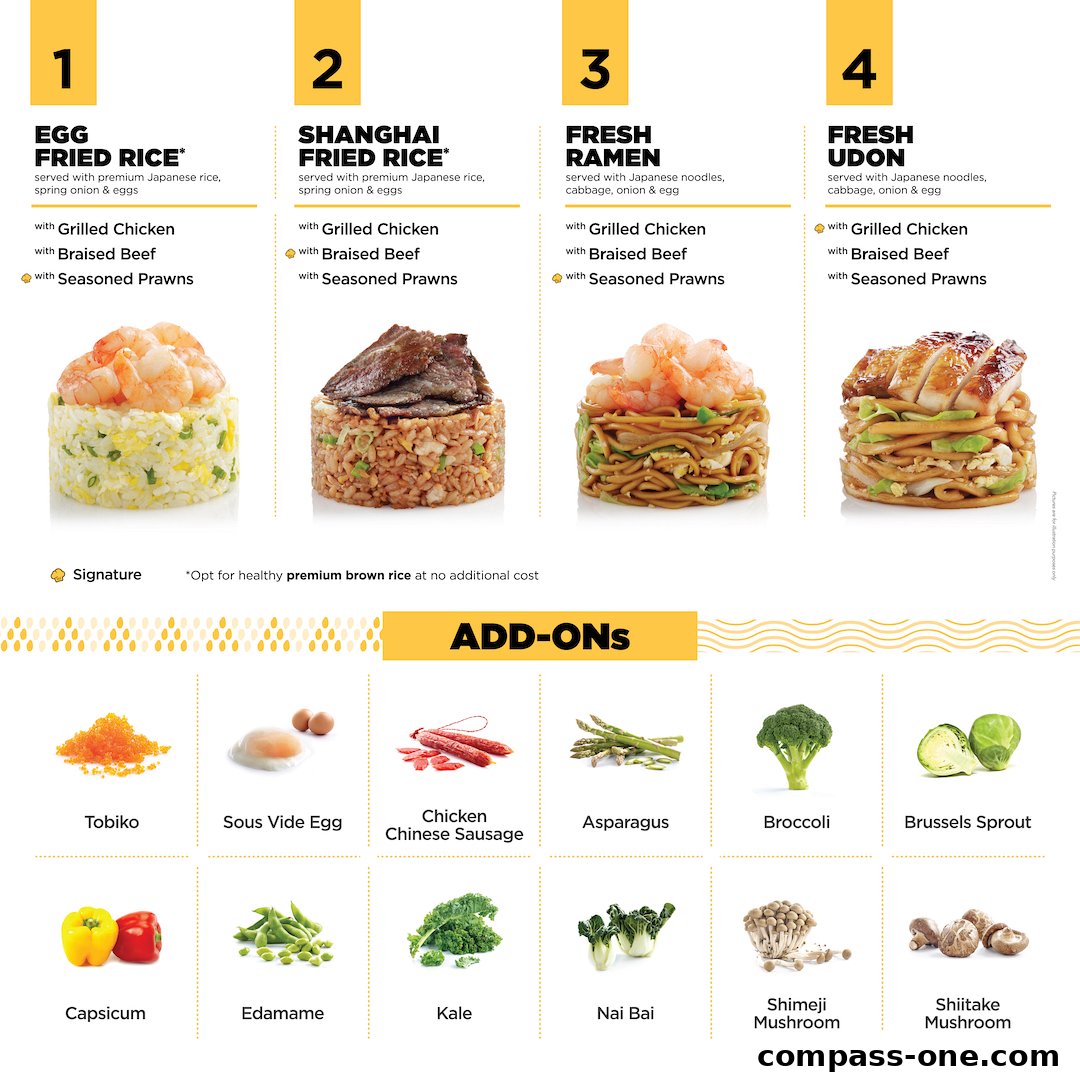 A menu showcasing four signature dishes and various add-on ingredients.