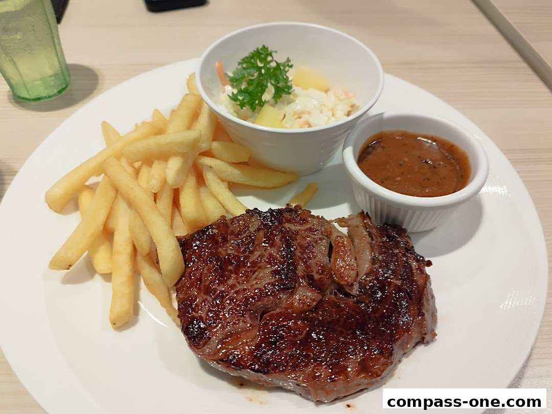 A juicy steak with french fries, coleslaw, and gravy on a white plate.