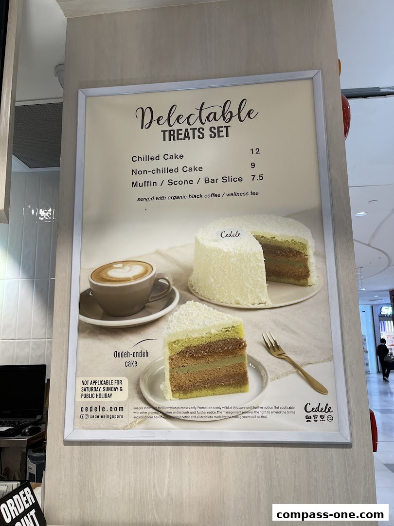 A poster advertising Cedele Bakery Cafe's Delectable Treats Set with cakes and coffee.
