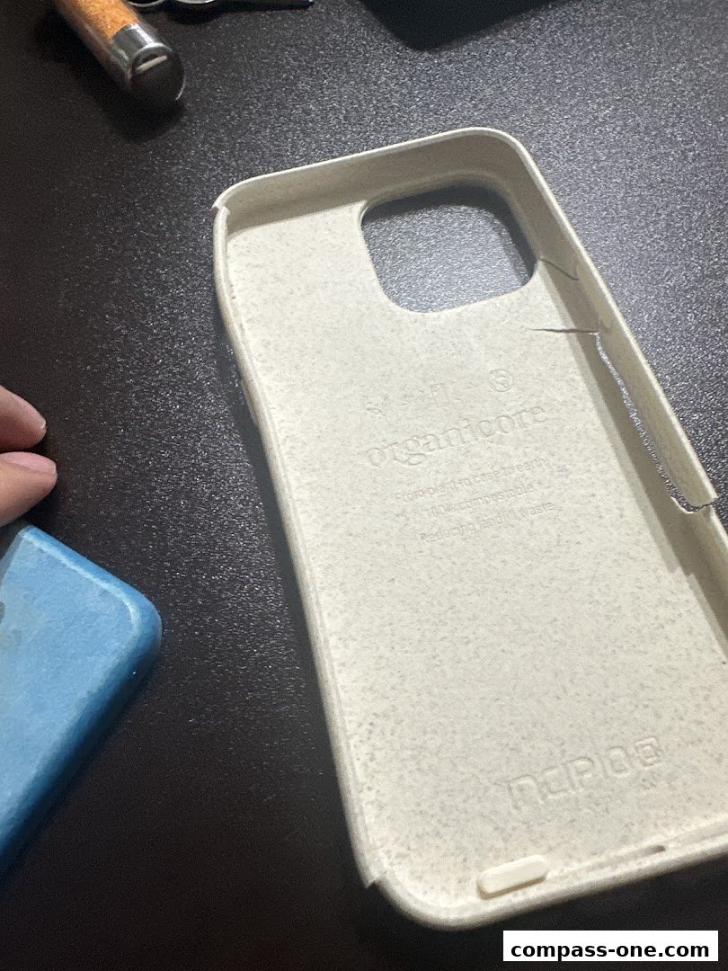 A light-colored, eco-friendly phone case with 'organicore' branding is shown.