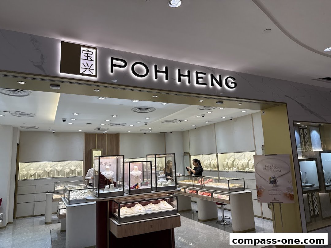 Interior view of a Poh Heng Jewellery store showcasing display cases filled with necklaces and jewelry.