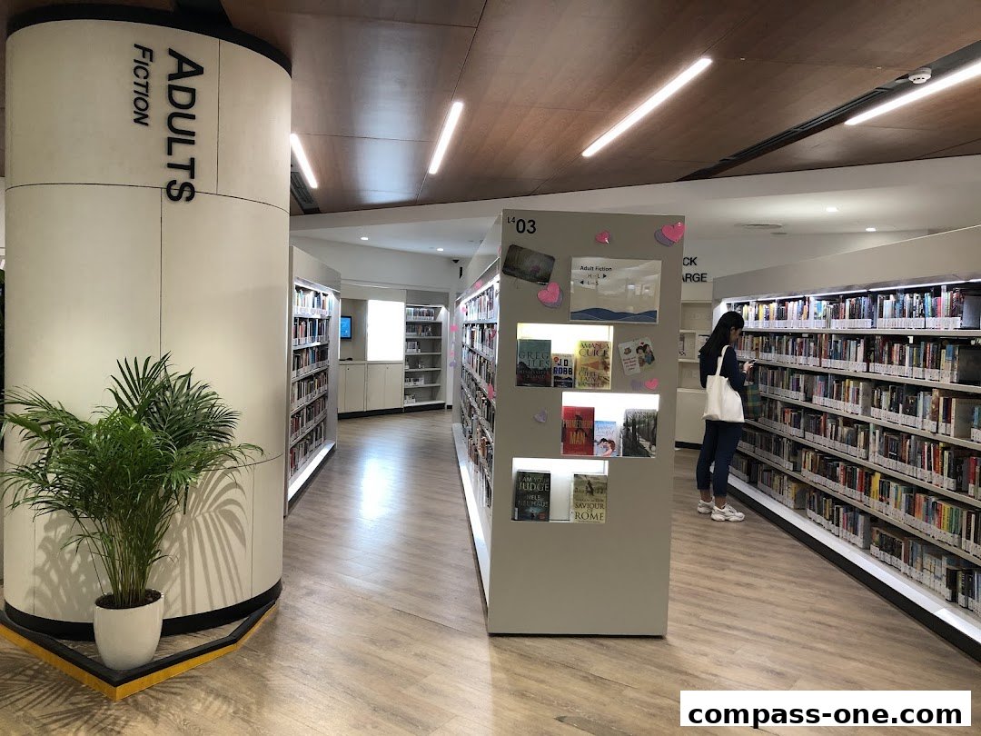 Interior view of a modern library with bookshelves, a plant, and a visitor browsing books.