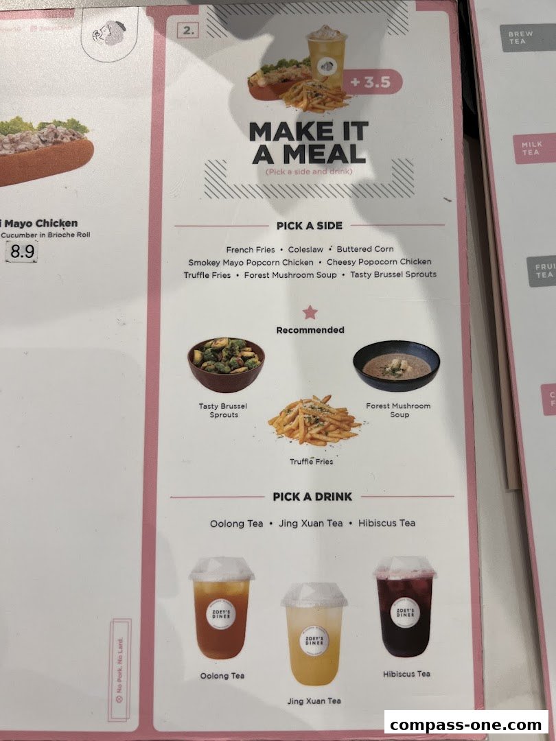 A menu from Zoeys showing meal deals with side and drink options.