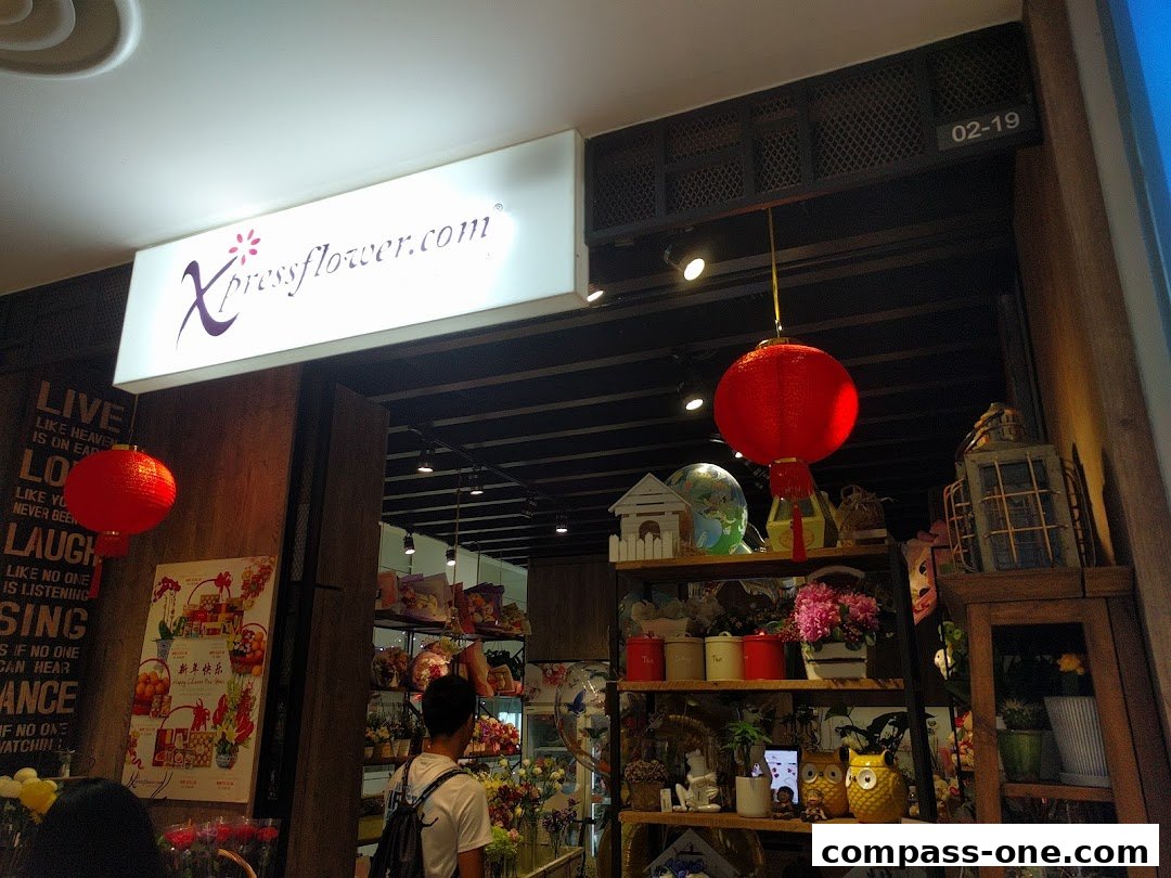 The entrance of Xpressflower.com, a flower shop, with festive decorations.