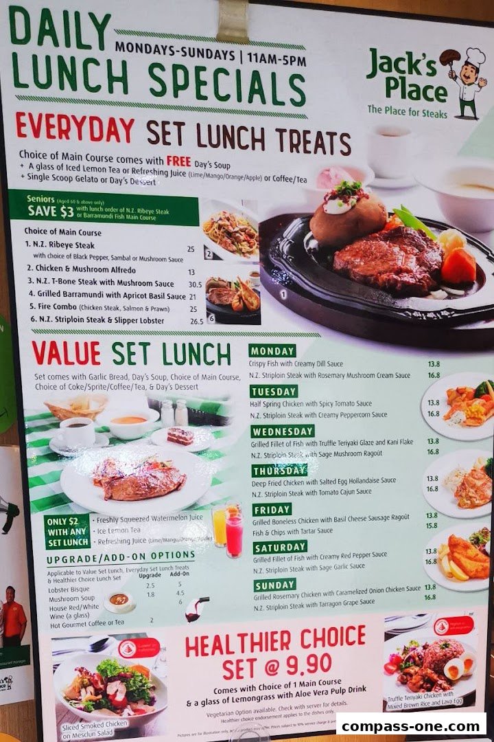 A menu board showcasing daily lunch specials, set lunches, and healthier choices at Jack's Place.
