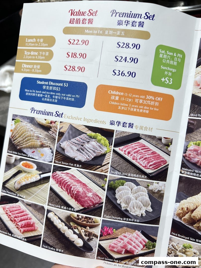 A menu showcasing value and premium hotpot sets with various meat and seafood options.