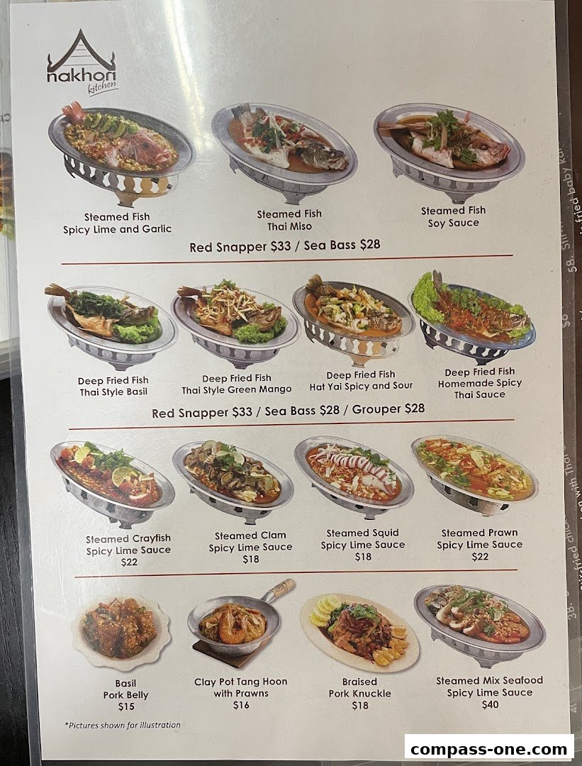 A menu from Nakhon Kitchen featuring various Thai seafood and pork dishes with prices.