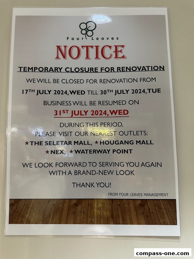 A notice from Four Leaves announcing a temporary closure for renovation.