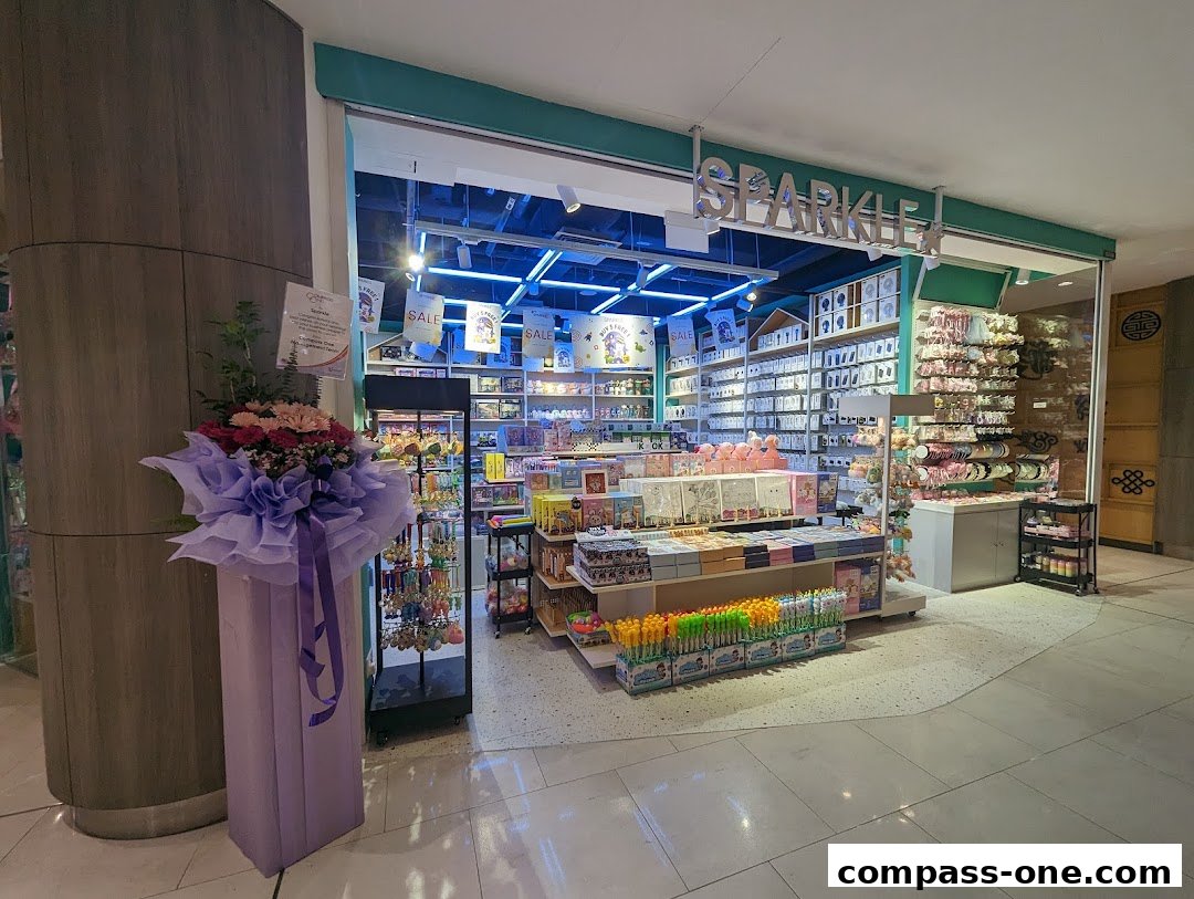 The Sparkle shop front displays a variety of accessories and stationery, with a floral arrangement outside.
