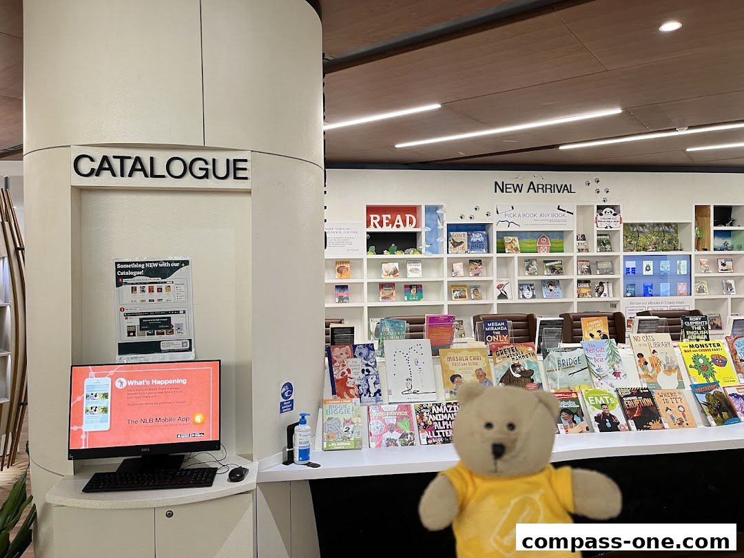 A library display featuring new book arrivals and a computer for catalogue access.