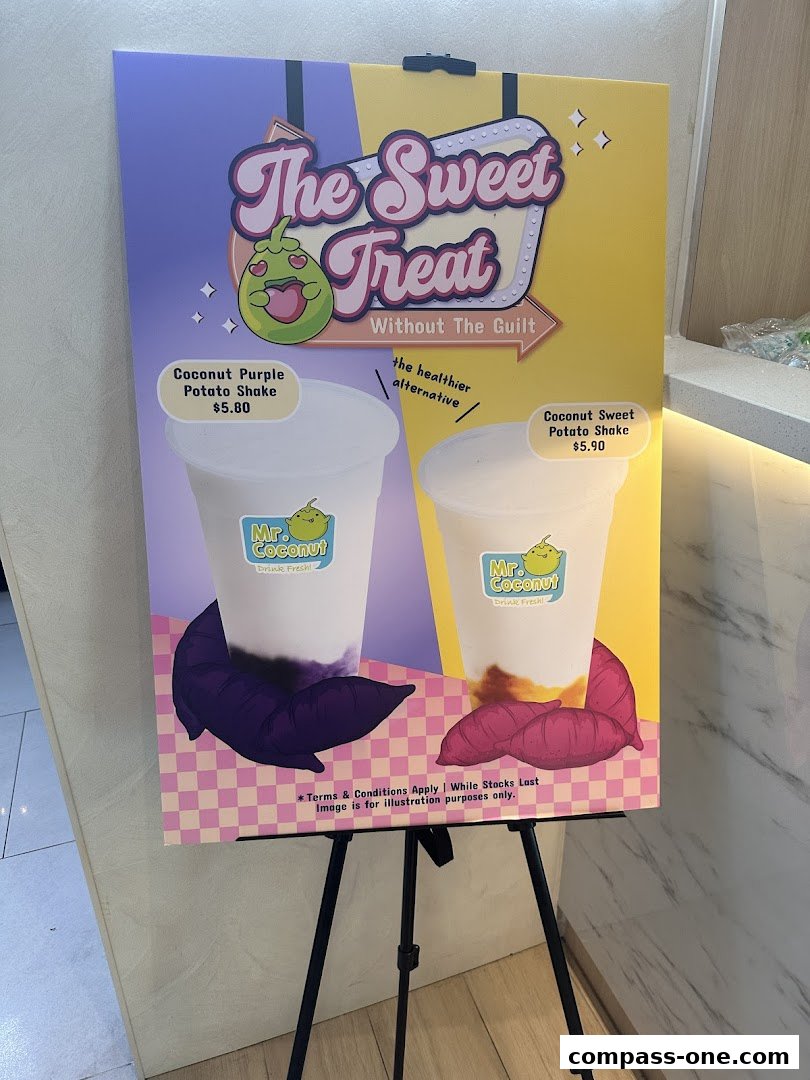 A sign advertising Mr. Coconut's sweet potato shakes, highlighting two flavors.