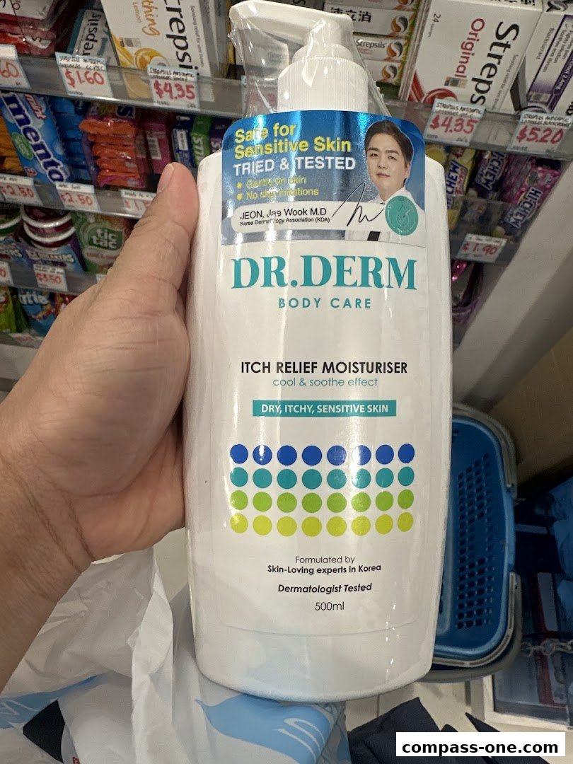 A hand holds a bottle of Dr. Derm Itch Relief Moisturiser in front of a store shelf.