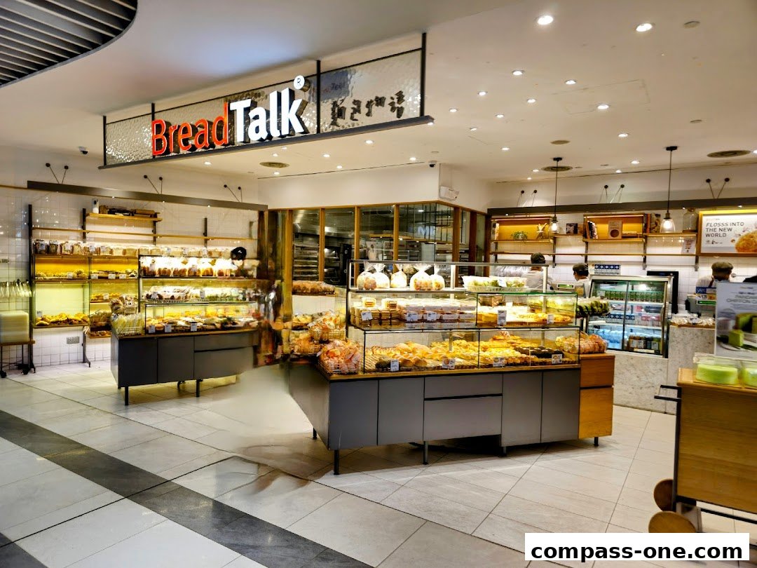 Interior view of a BreadTalk bakery showcasing a wide variety of fresh breads and pastries.