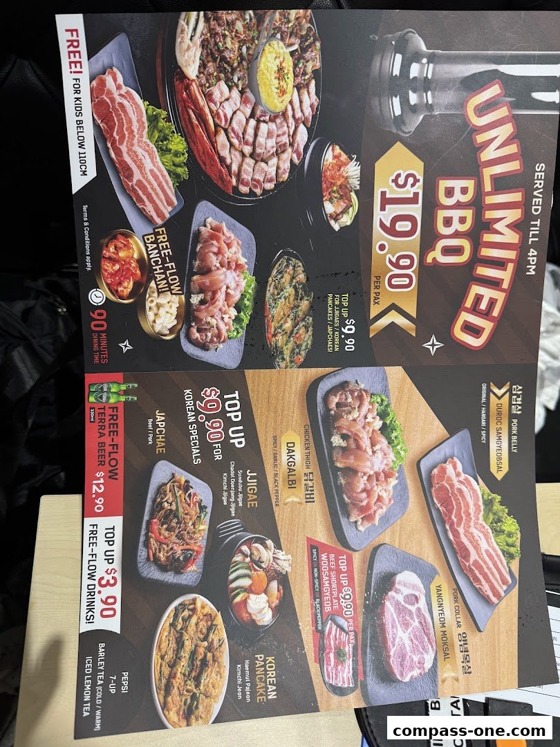 A menu for SEORAE JIB Compass One featuring unlimited BBQ and Korean specials.