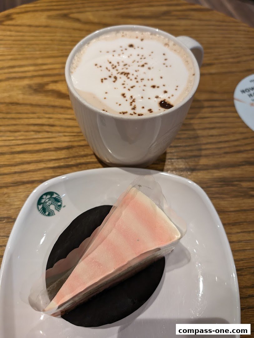 A slice of pink layered cake and a cup of coffee with foam and chocolate powder.