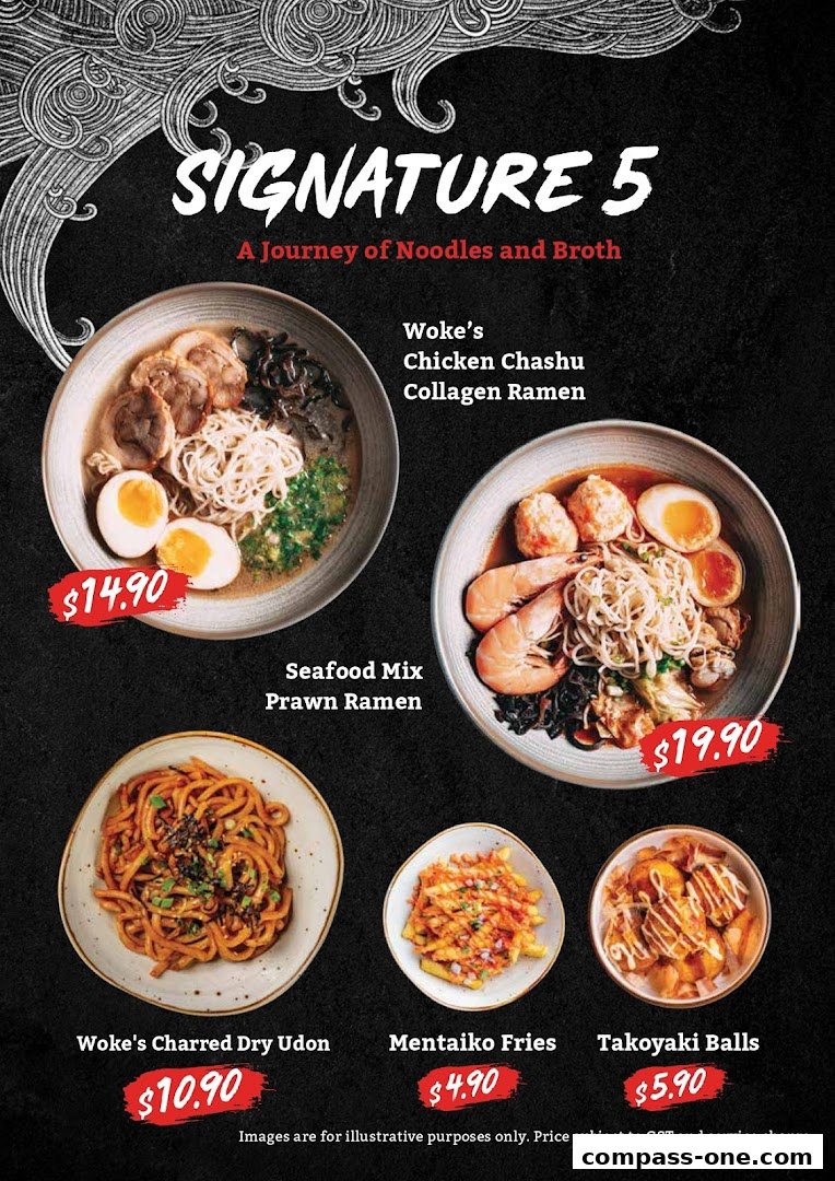 A menu showcasing various ramen dishes, dry udon, fries, and takoyaki balls with prices.