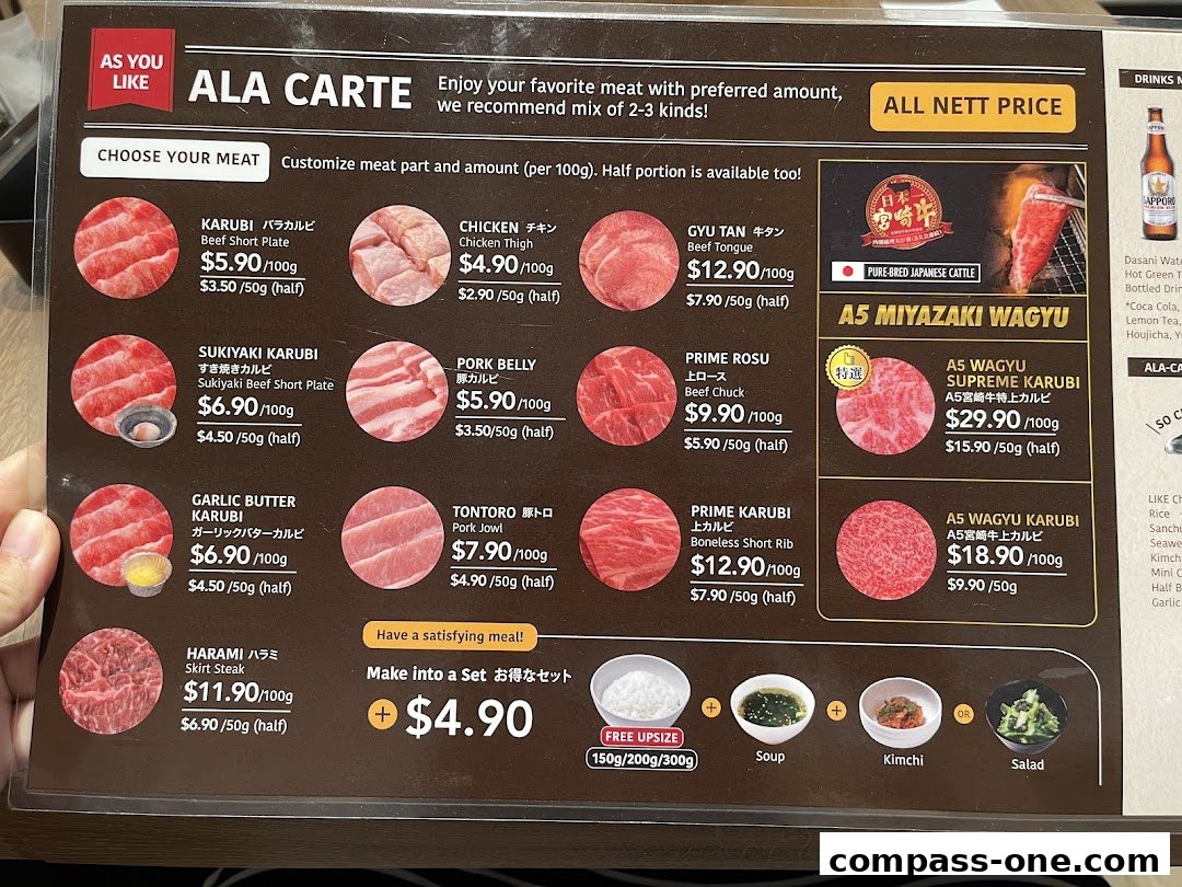 A menu for Yakiniku Like featuring various cuts of beef, pork, and chicken with prices.