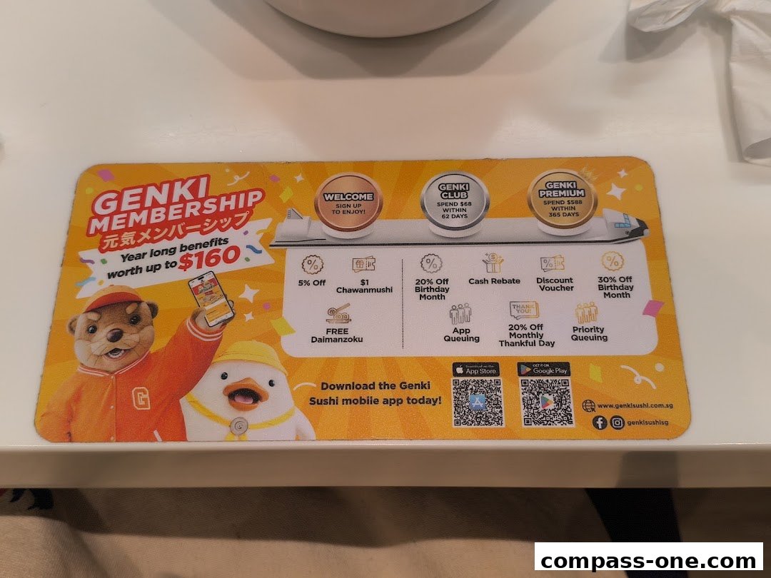 A Genki Sushi membership promotion mat featuring cartoon characters and membership benefits.