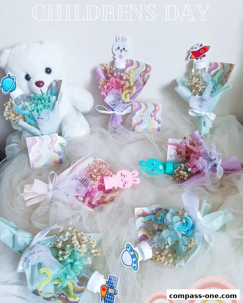 A collection of festive floral arrangements and a teddy bear for Children's Day.