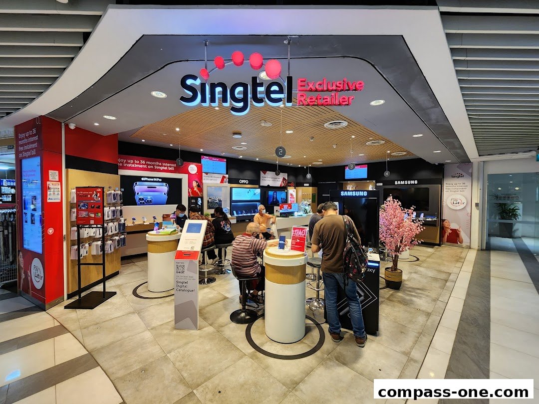 Interior view of a Singtel Exclusive Retailer store showcasing phones and services.