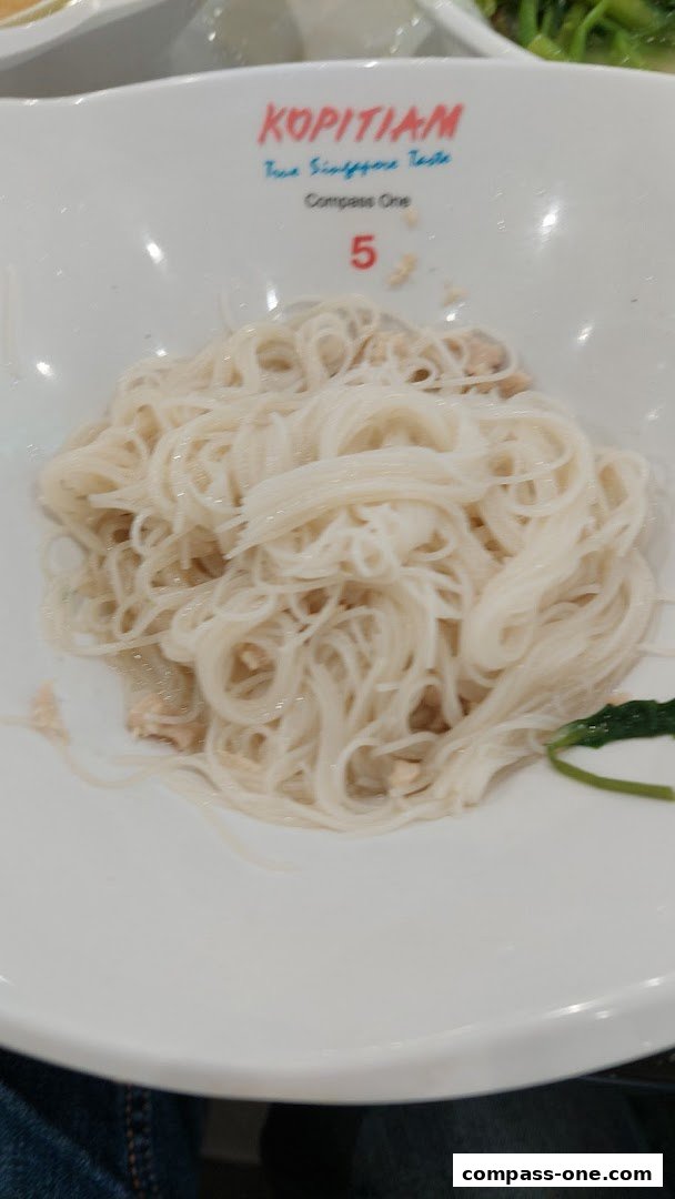 A bowl of white noodles with some meat and a sprig of green garnish.