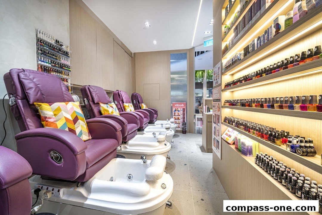 Interior of a nail spa with purple pedicure chairs and shelves stocked with nail polish.