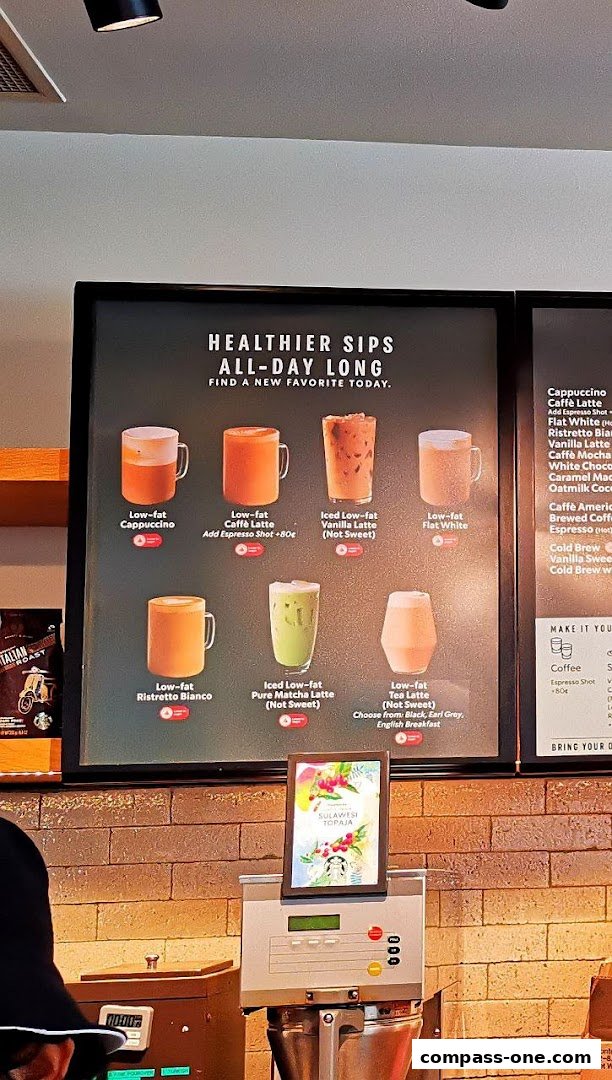 A menu board at Starbucks featuring healthier low-fat drink options.