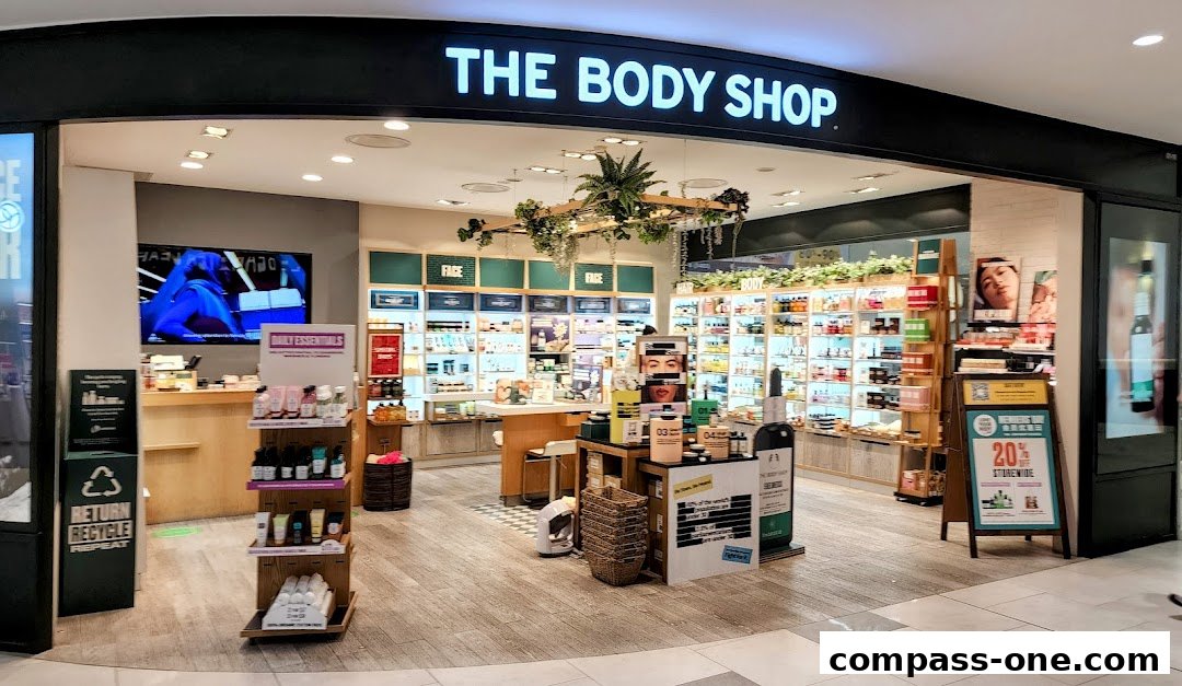 The Body Shop storefront with a wide selection of beauty and skincare products displayed.
