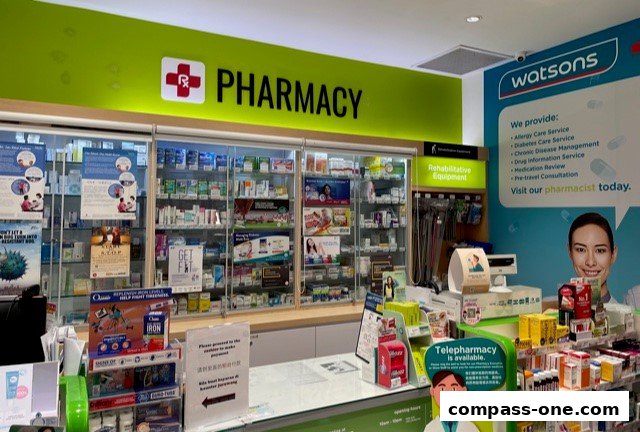 Interior view of a Watsons pharmacy with shelves stocked with medications and health products.