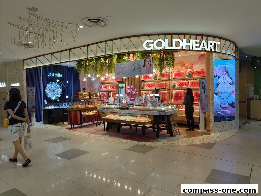 A Goldheart jewelry store with displays of necklaces and rings, and staff assisting customers.