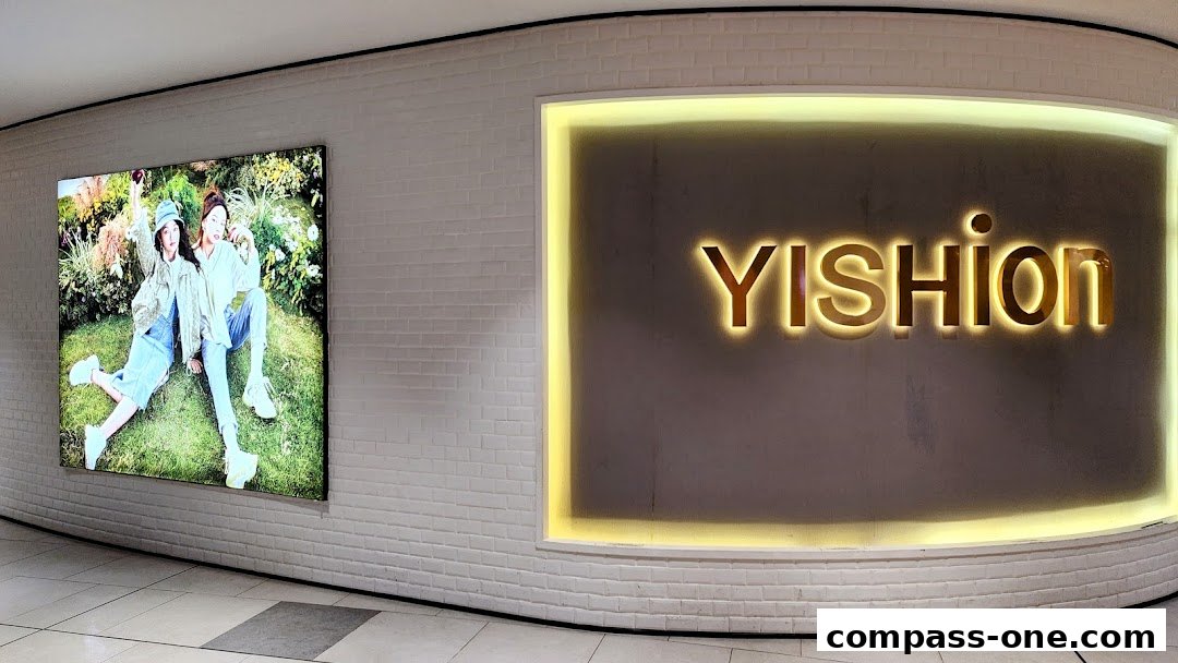 The YISHION store logo illuminated with warm lighting, next to a large advertisement featuring two young women.