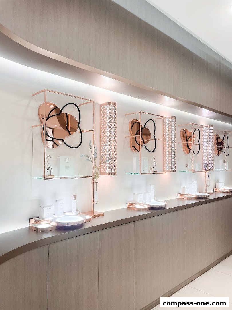 A beautifully lit display of skincare products on shelves with rose gold accents.