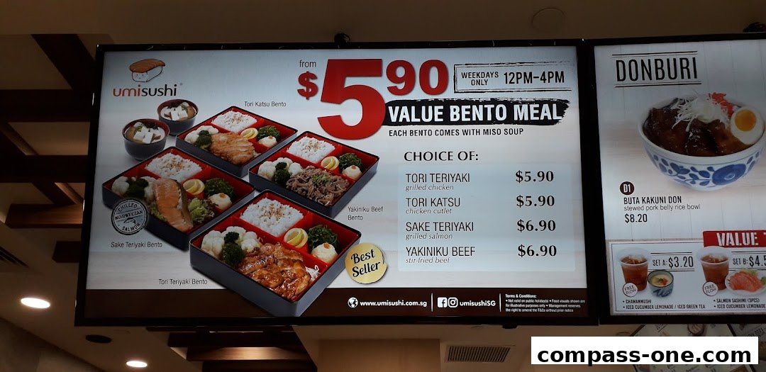 A brightly lit menu board showcasing Umi Sushi's value bento meals and donburi options.