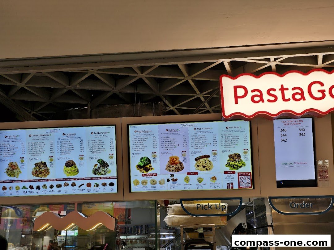 A digital menu board displaying various pasta dishes and their prices at PastaGo.